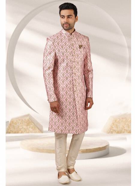 Light Pink Colour Festive Wear Banarasi Silk Digital Print Sherwani Groom Latest Collection 1408